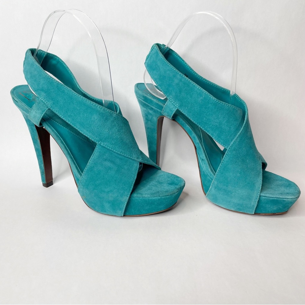 NWOB Diane Von Furstenberg Turquoise Suede Zia Platform Slingback Heels Sandals